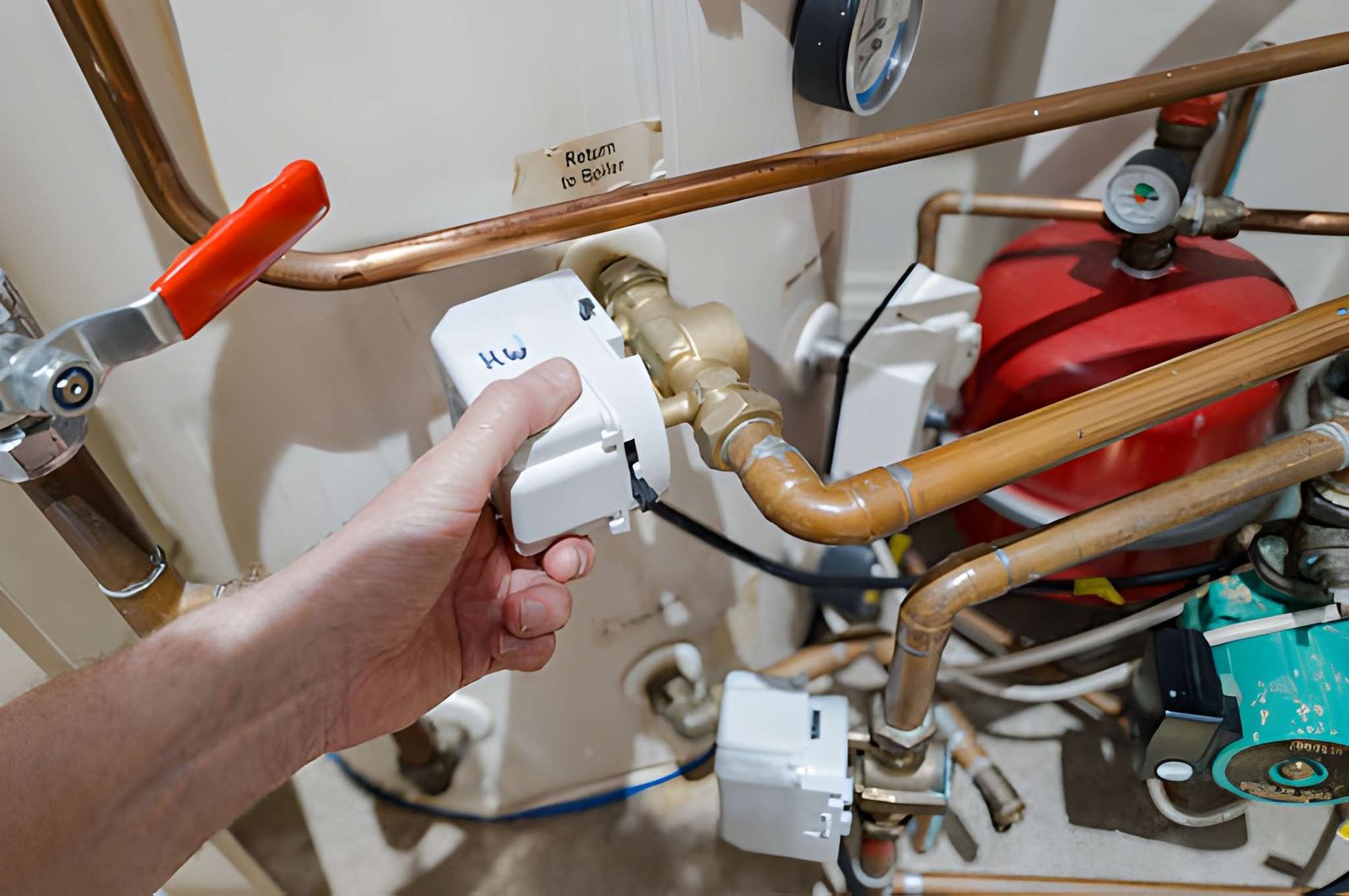 Plumbing valves, copper pipework and expansion vessel on a hot water system