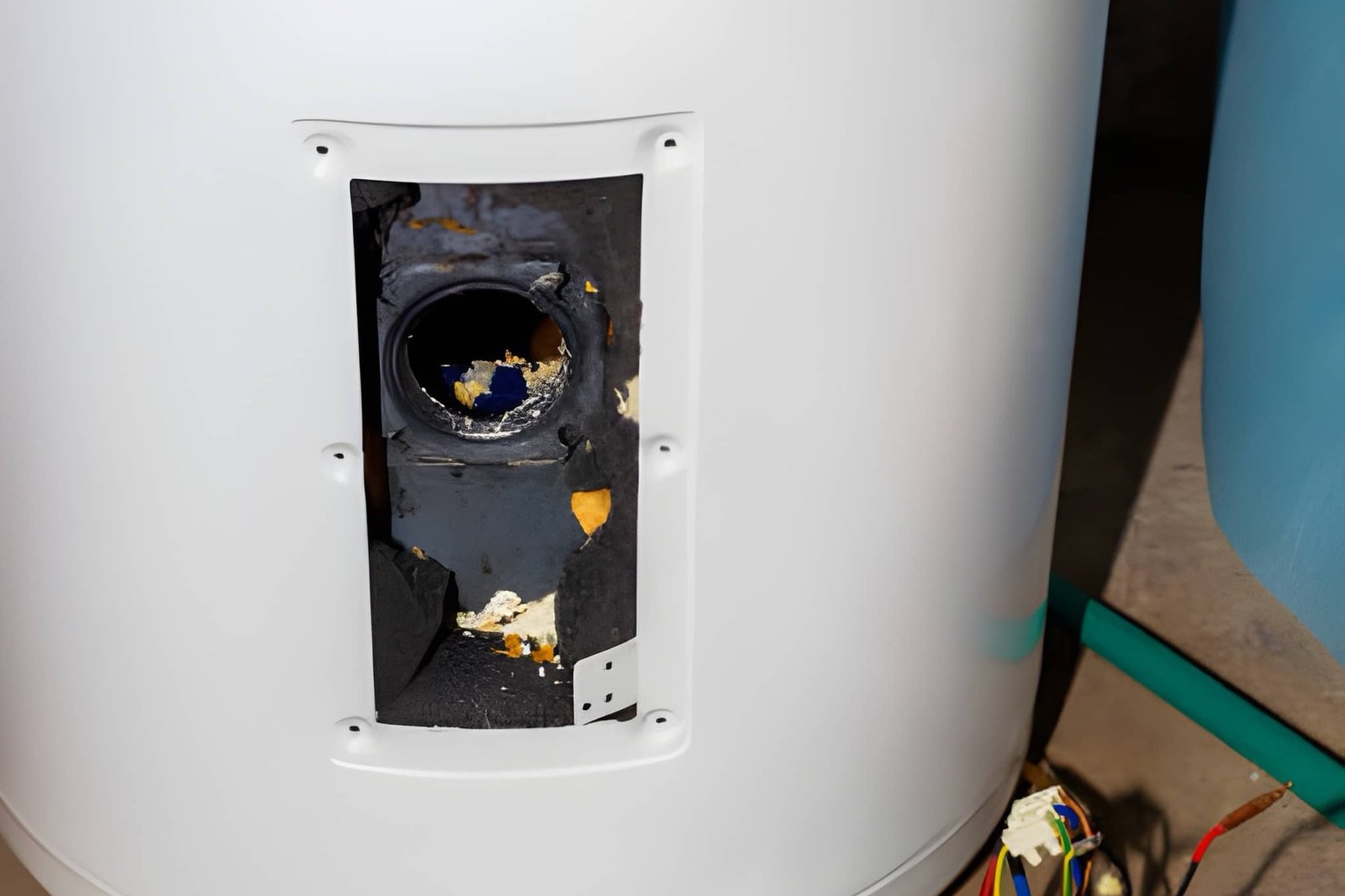 Hot water cylinder with the element hatch opened up for inspection