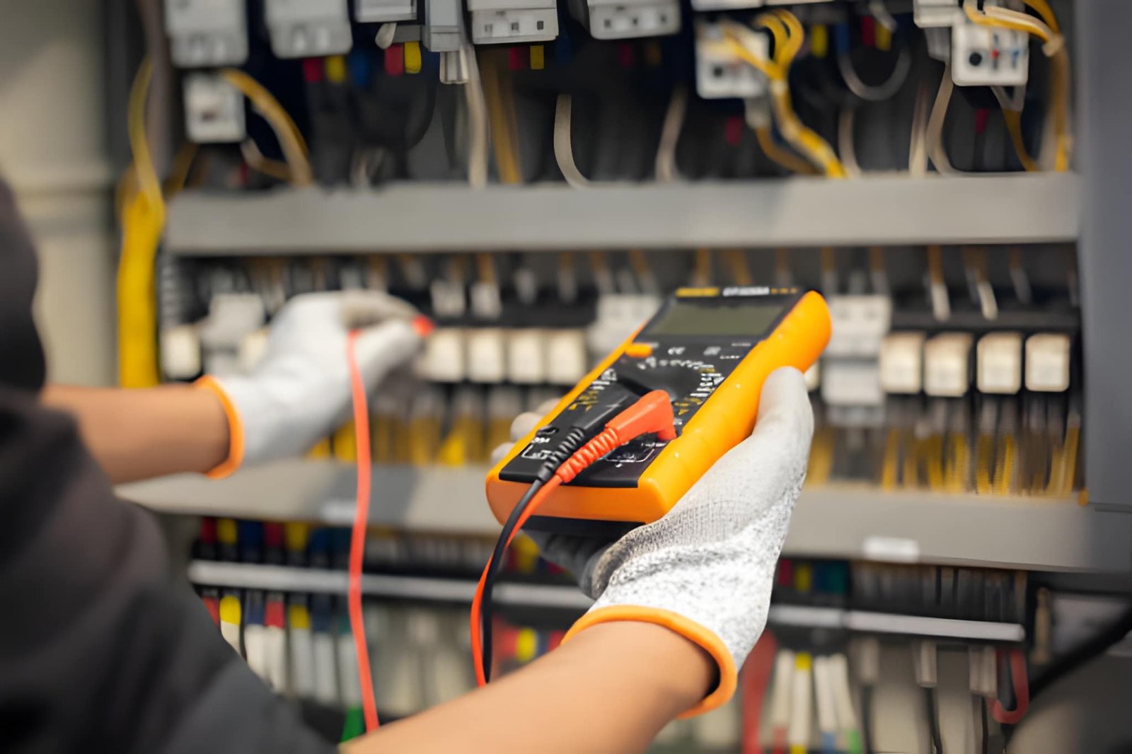 Electrician testing a hot water circuit with a multimeter at the switchboard
