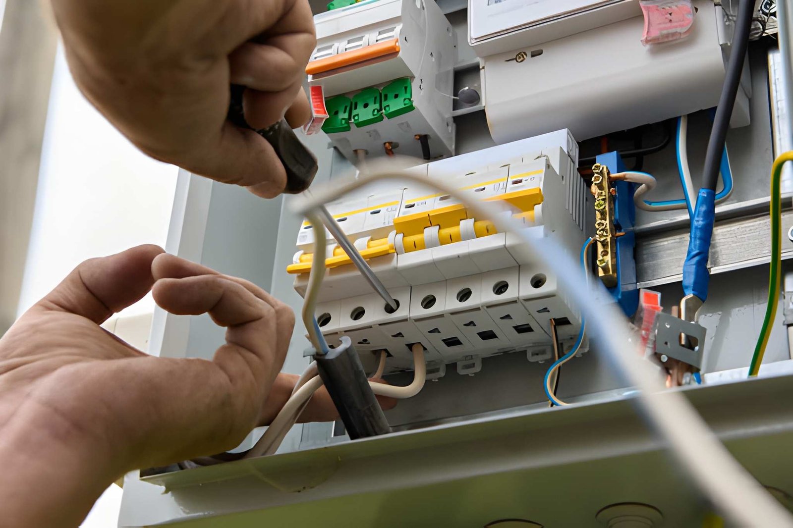Electrician working through a switchboard while fault finding a hot water circuit