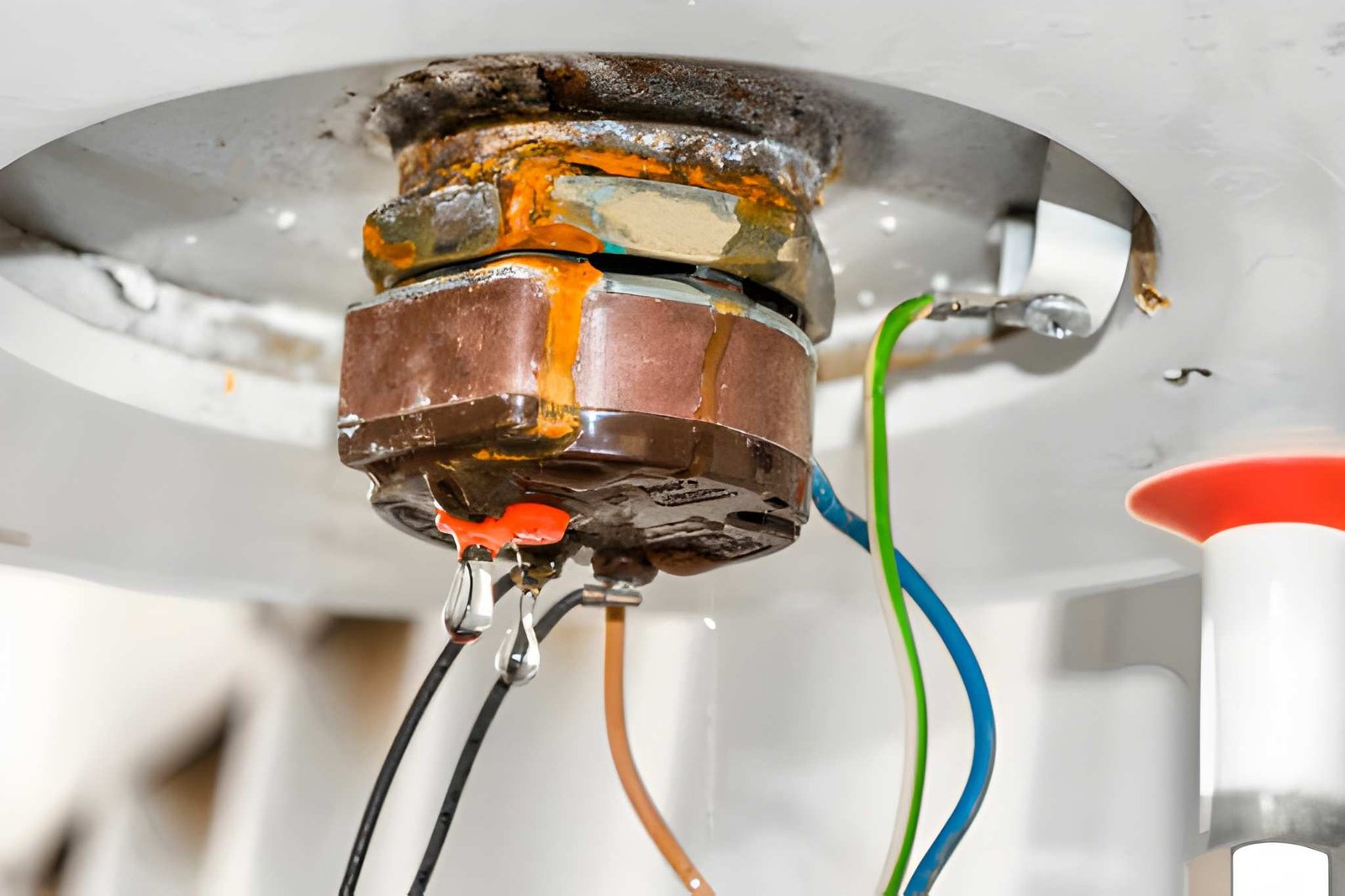 Wiring and element boss on the underside of a hot water cylinder