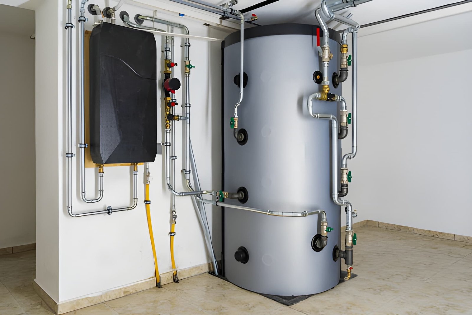 Hot water cylinder and pipework in a Christchurch home