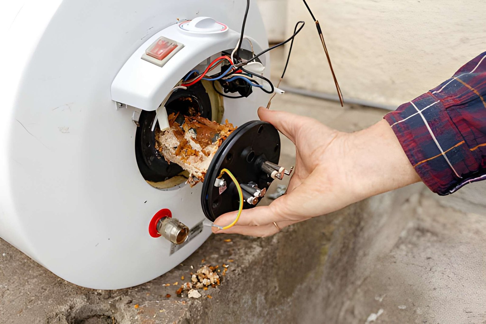 Registered electrician removing a failed element from a hot water cylinder